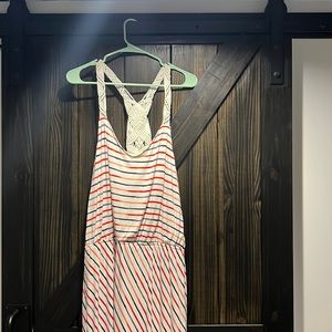 Red white and blue striped maxi dress with macrame straps